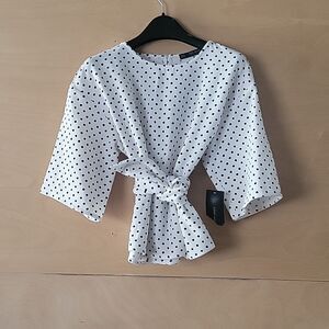NWT Zara XS Wrap Tie Polka Dot Blk White Blouse Coquette Bow Modest Feminine Top